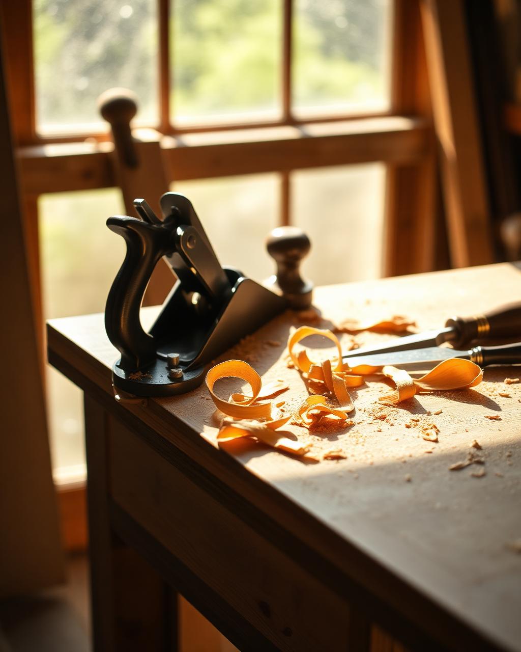 Woodworker planing a board in a workshop